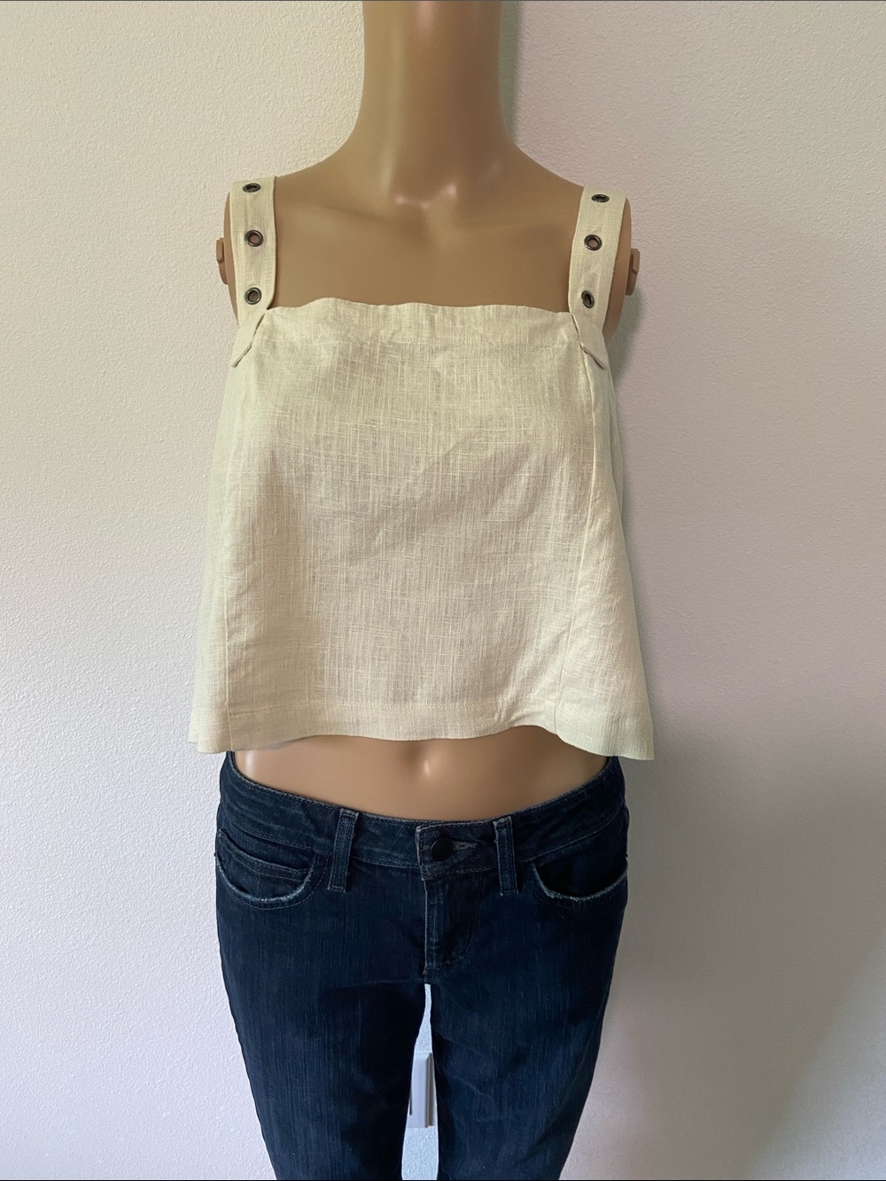 Free People Cream Button-Strap Linen Crop Cami